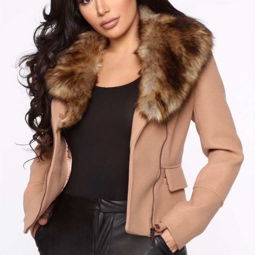 Fashion Nova Tan Jacket with Faux Fur Collar